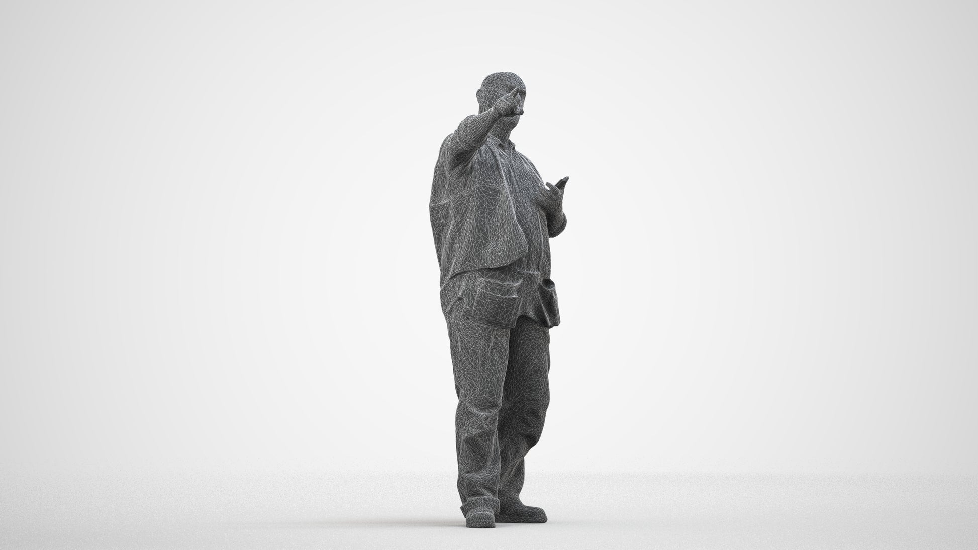realistic 3D senior man standing, scanned archviz people for Blender and 3ds Max, wireframe side view