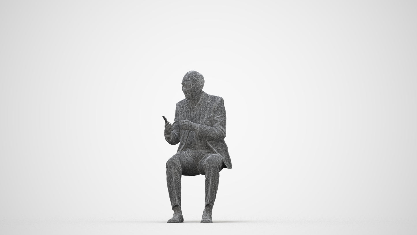 realistic 3D senior man business sitting, scanned archviz people for Blender and 3ds Max, wireframe back view