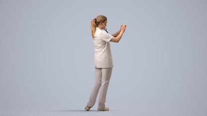 3D human model woman medical, photogrammetry scanned person for archviz, side view render