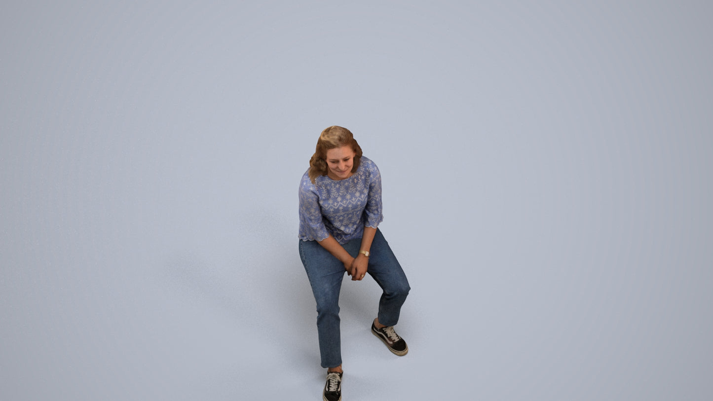 realistic 3D woman casual sitting, scanned archviz people for Blender and 3ds Max, back view render