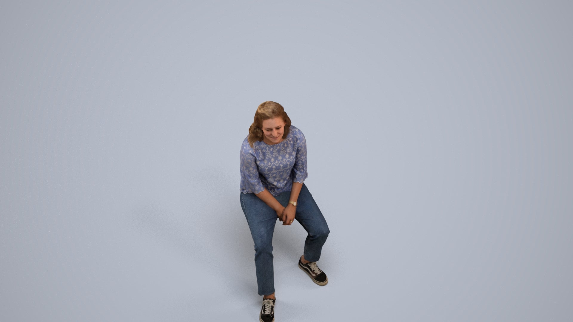 realistic 3D woman casual sitting, scanned archviz people for Blender and 3ds Max, back view render