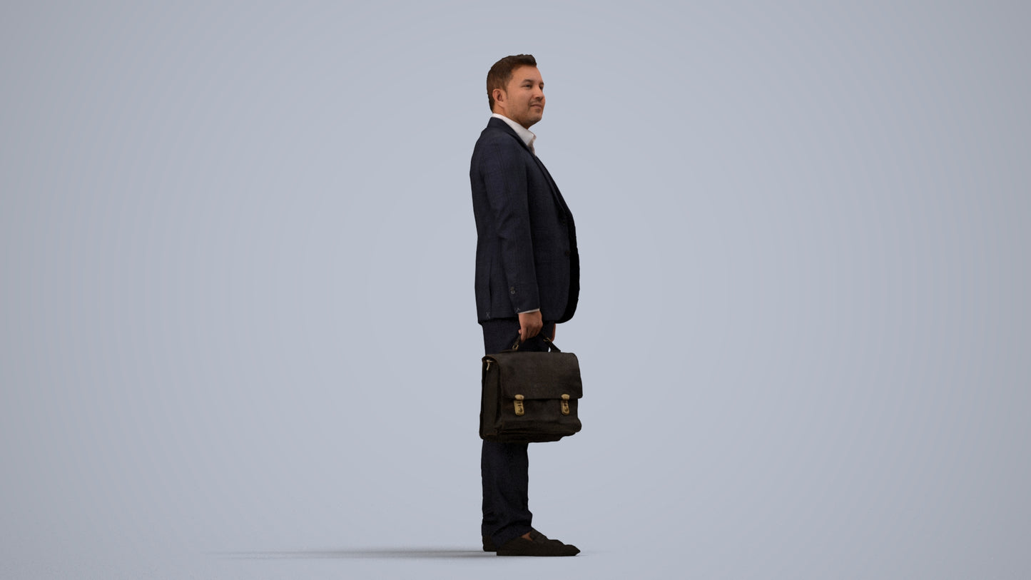 realistic 3D human man business, archviz people FBX OBJ for Blender, side view render