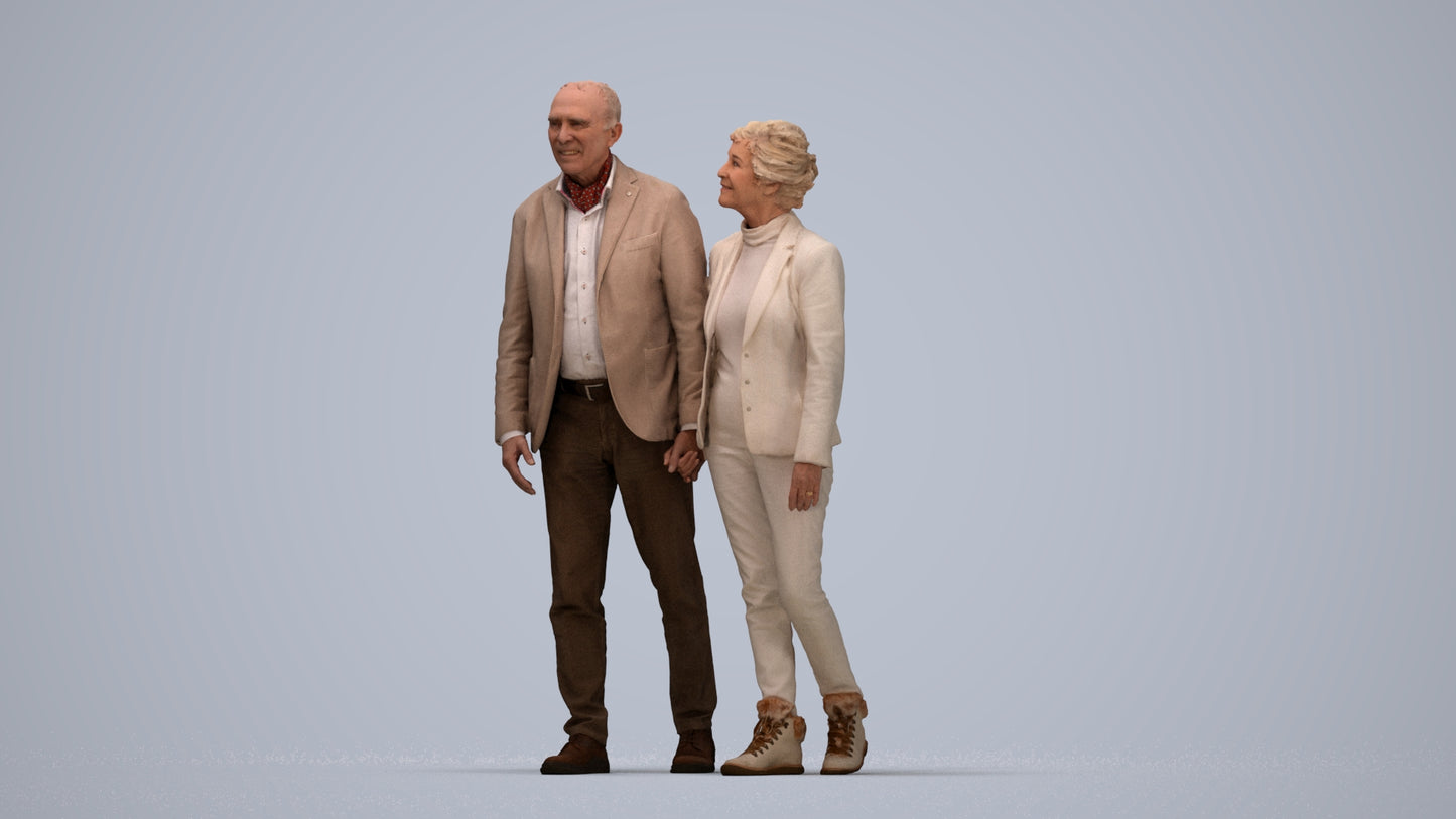 3D people model senior woman casual couple, scanned human for 3ds Max rendering, top-down view render