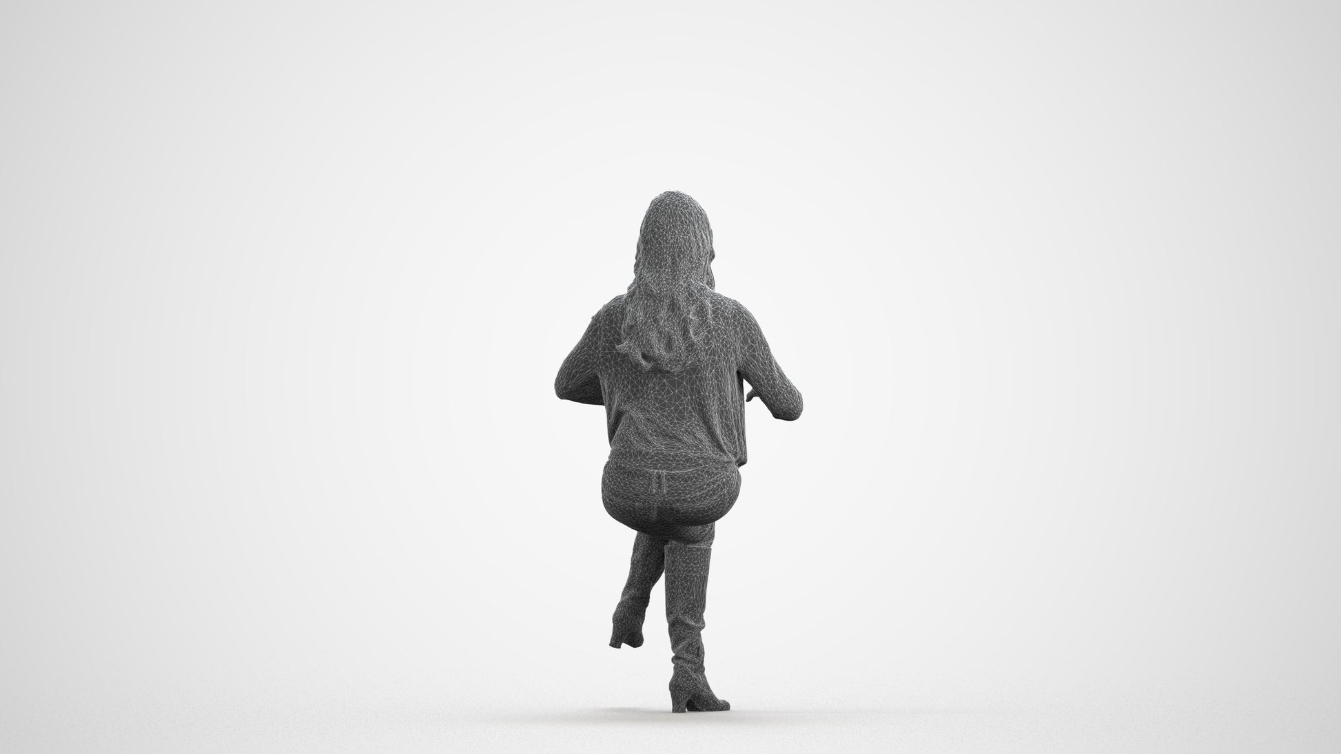 realistic 3D human woman casual sitting, archviz people FBX OBJ for Blender, wireframe front view