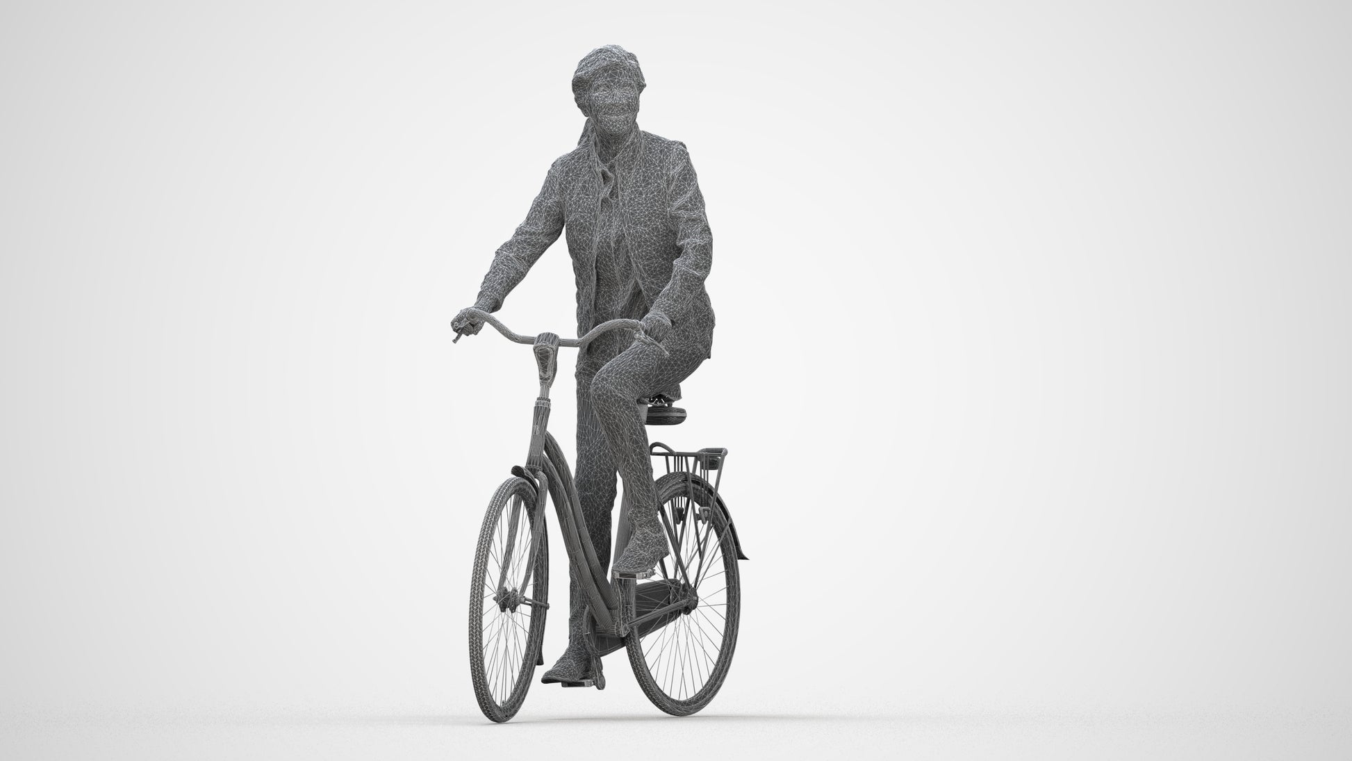 3D human model senior woman casual cycling, photogrammetry scanned person for archviz, wireframe back view