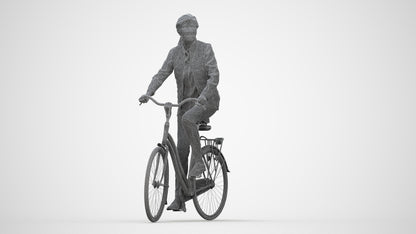 3D human model senior woman casual cycling, photogrammetry scanned person for archviz, wireframe back view