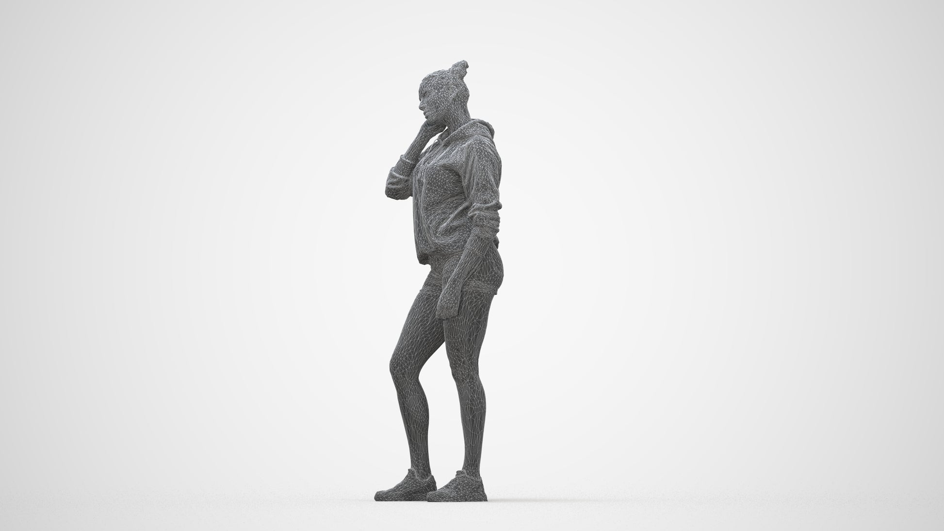 3D people model woman standing, scanned human for 3ds Max rendering, wireframe back view