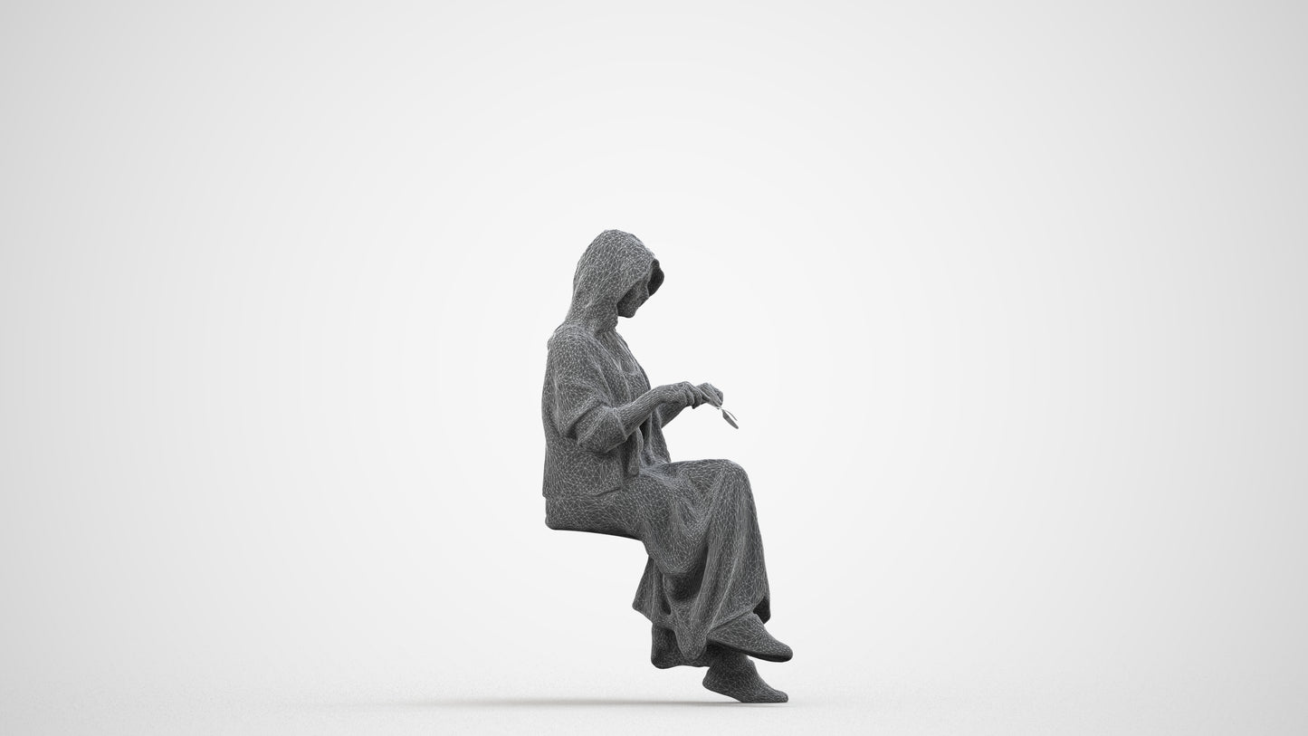 3D scanned woman sitting casual, photorealistic archviz people for Enscape and SketchUp, wireframe side view