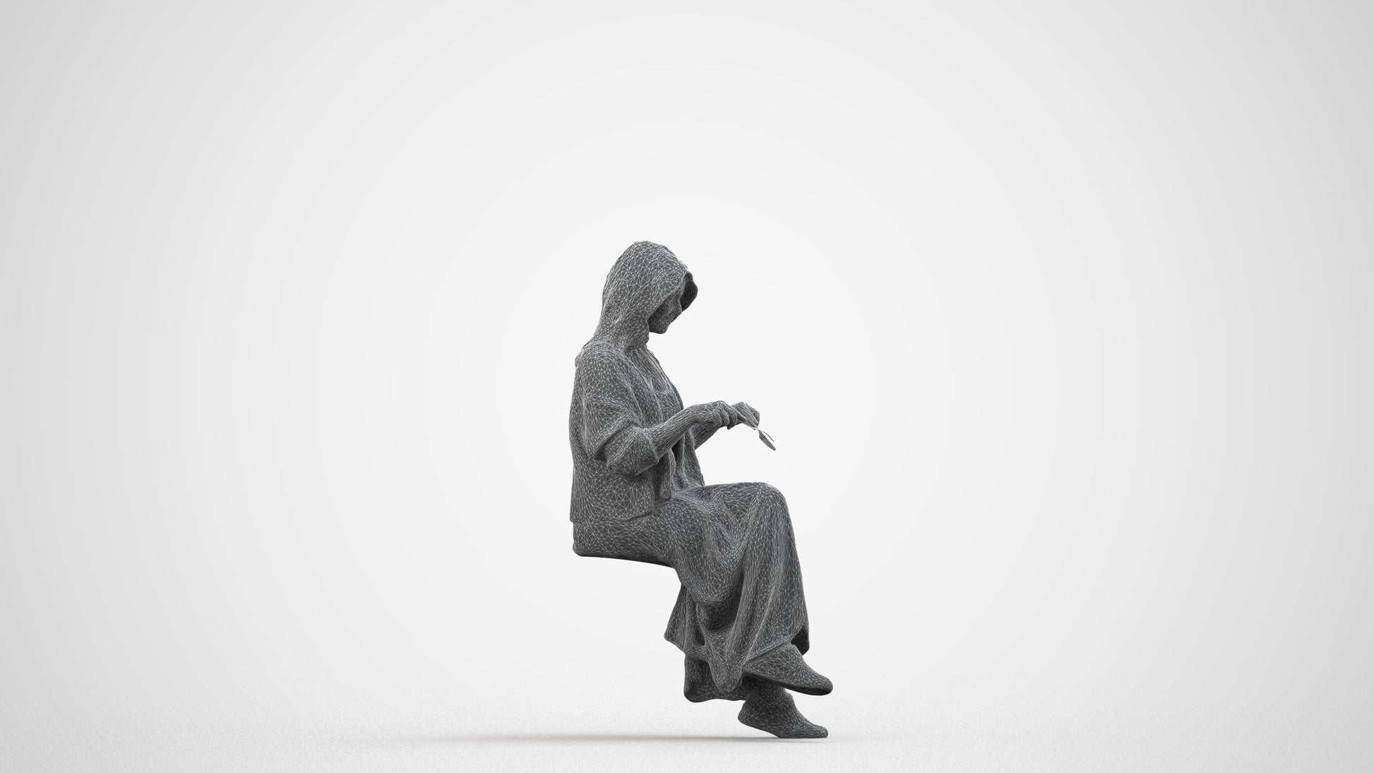 3D scanned woman sitting casual, photorealistic archviz people for Enscape and SketchUp, wireframe side view