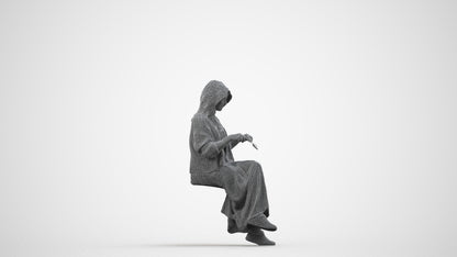 3D scanned woman sitting casual, photorealistic archviz people for Enscape and SketchUp, wireframe side view