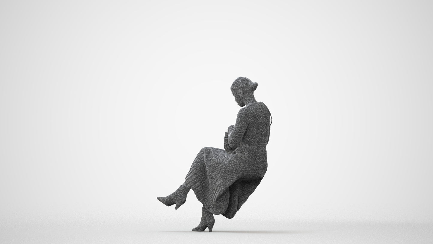 realistic 3D human woman casual sitting, archviz people FBX OBJ for Blender, square thumbnail