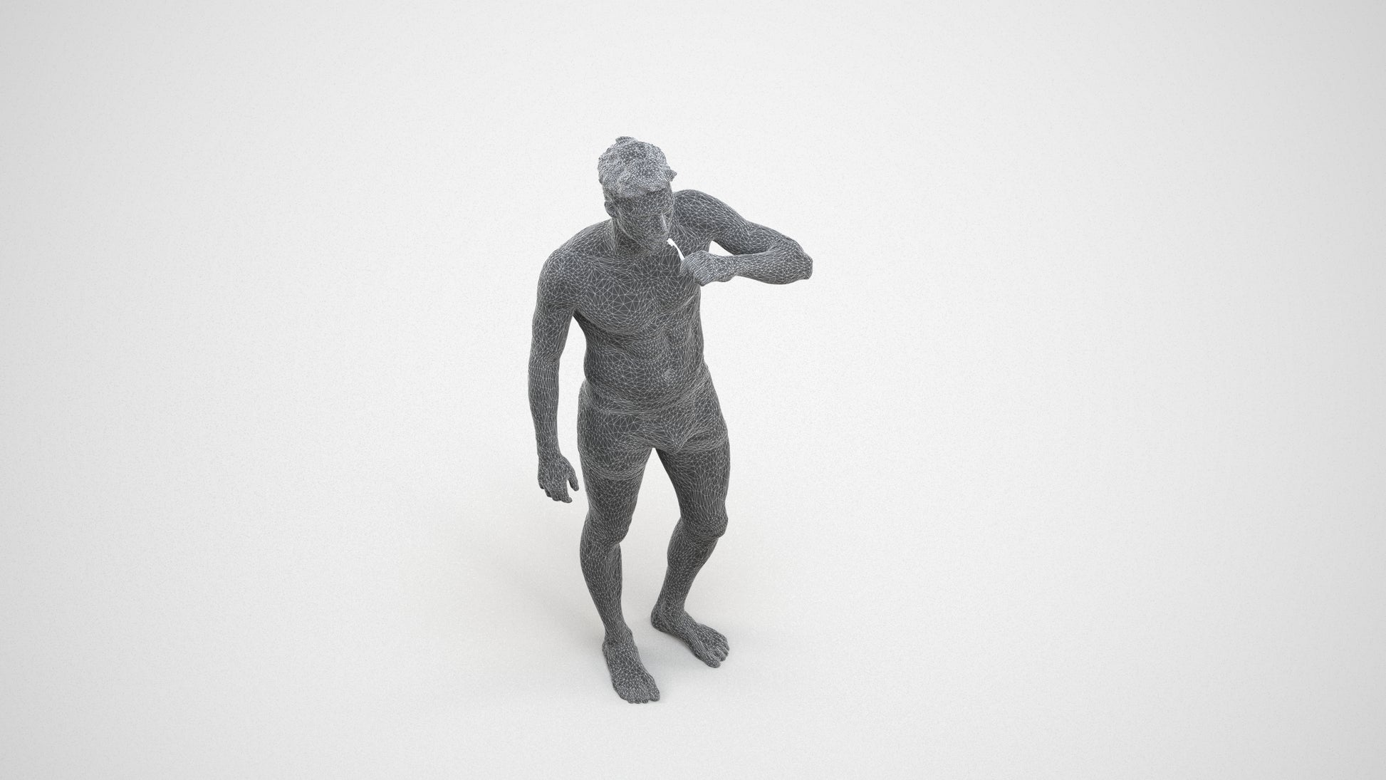3D human model man bathroom, photogrammetry scanned person for archviz, wireframe three-quarter view