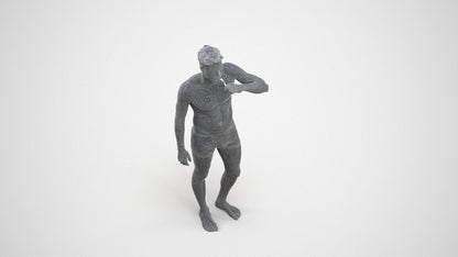 3D human model man bathroom, photogrammetry scanned person for archviz, wireframe three-quarter view