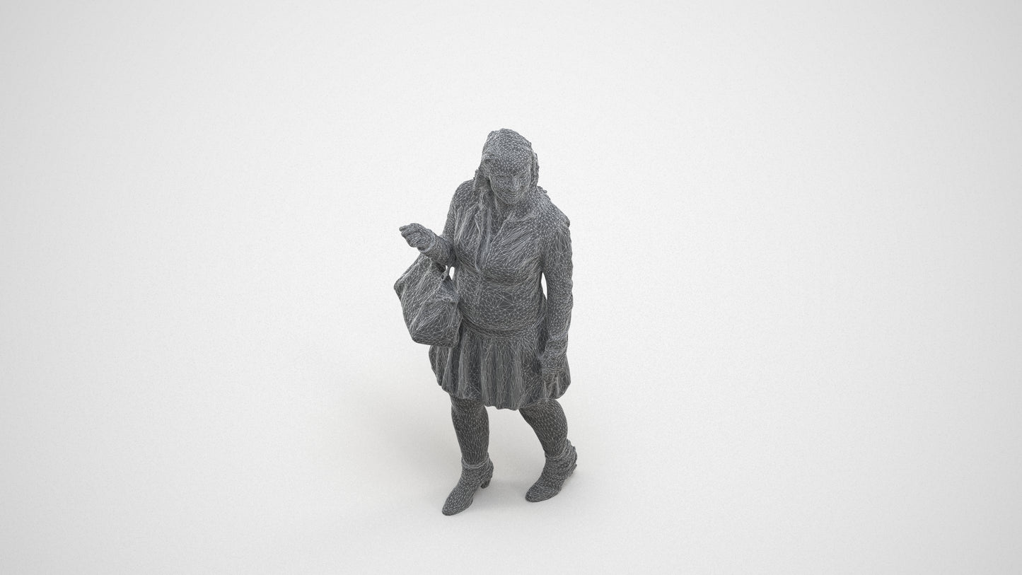3D human model woman business standing, photogrammetry scanned person for archviz, wireframe three-quarter view