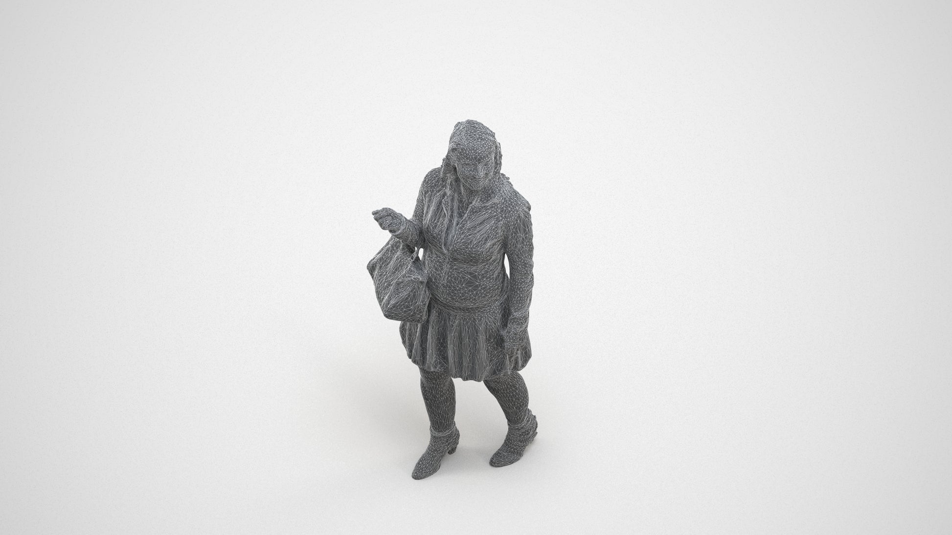 3D human model woman business standing, photogrammetry scanned person for archviz, wireframe three-quarter view