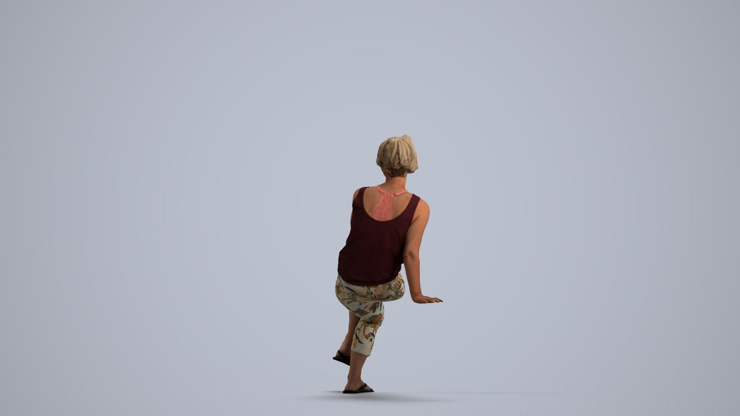3D human model senior woman sitting, photogrammetry scanned person for archviz, front view render