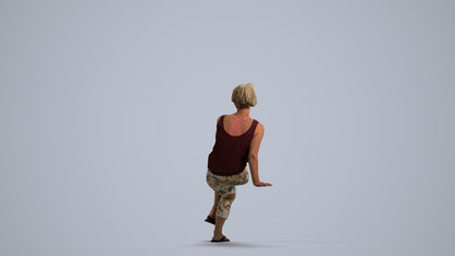 3D human model senior woman sitting, photogrammetry scanned person for archviz, front view render