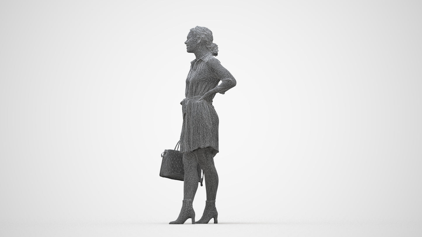 3D human model woman casual standing, photogrammetry scanned person for archviz, wireframe back view