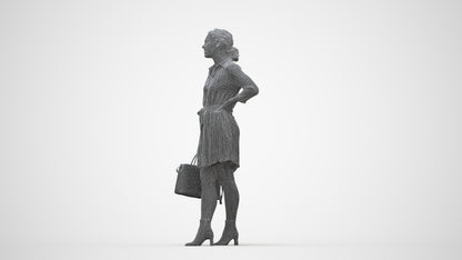 3D human model woman casual standing, photogrammetry scanned person for archviz, wireframe back view
