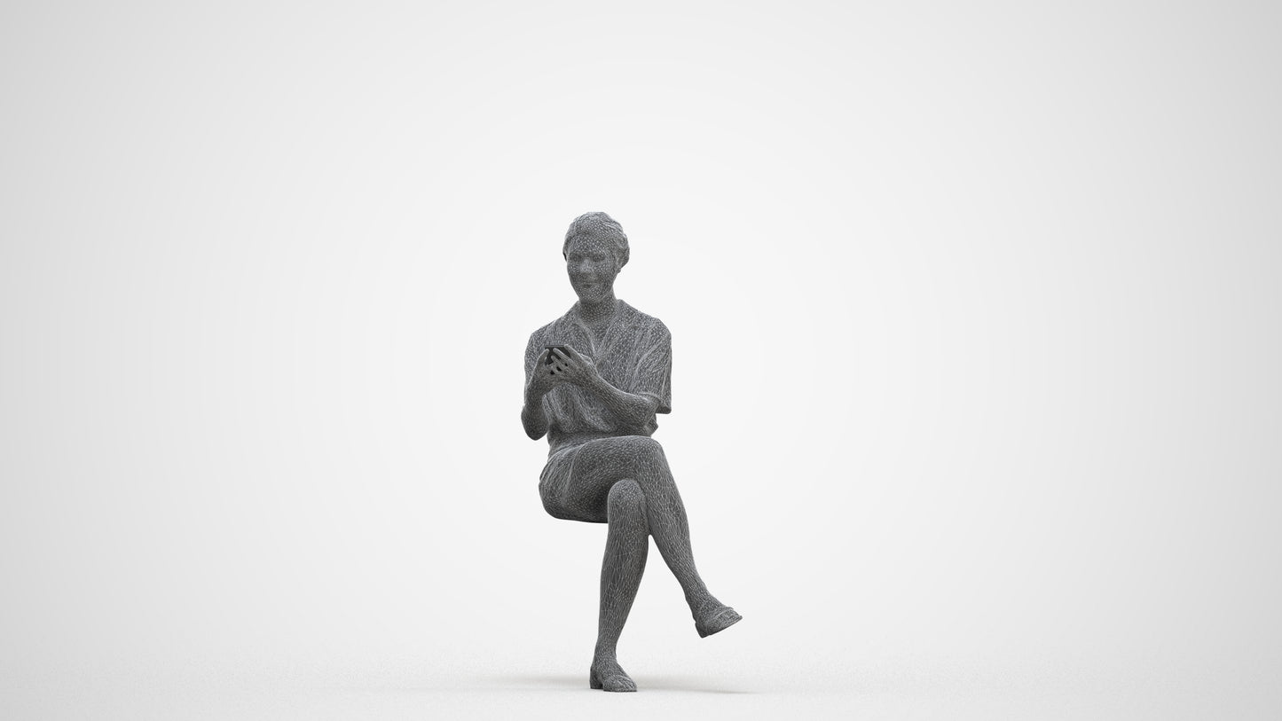 3D scanned woman sitting casual, photorealistic archviz people for Enscape and SketchUp, three-quarter front view render