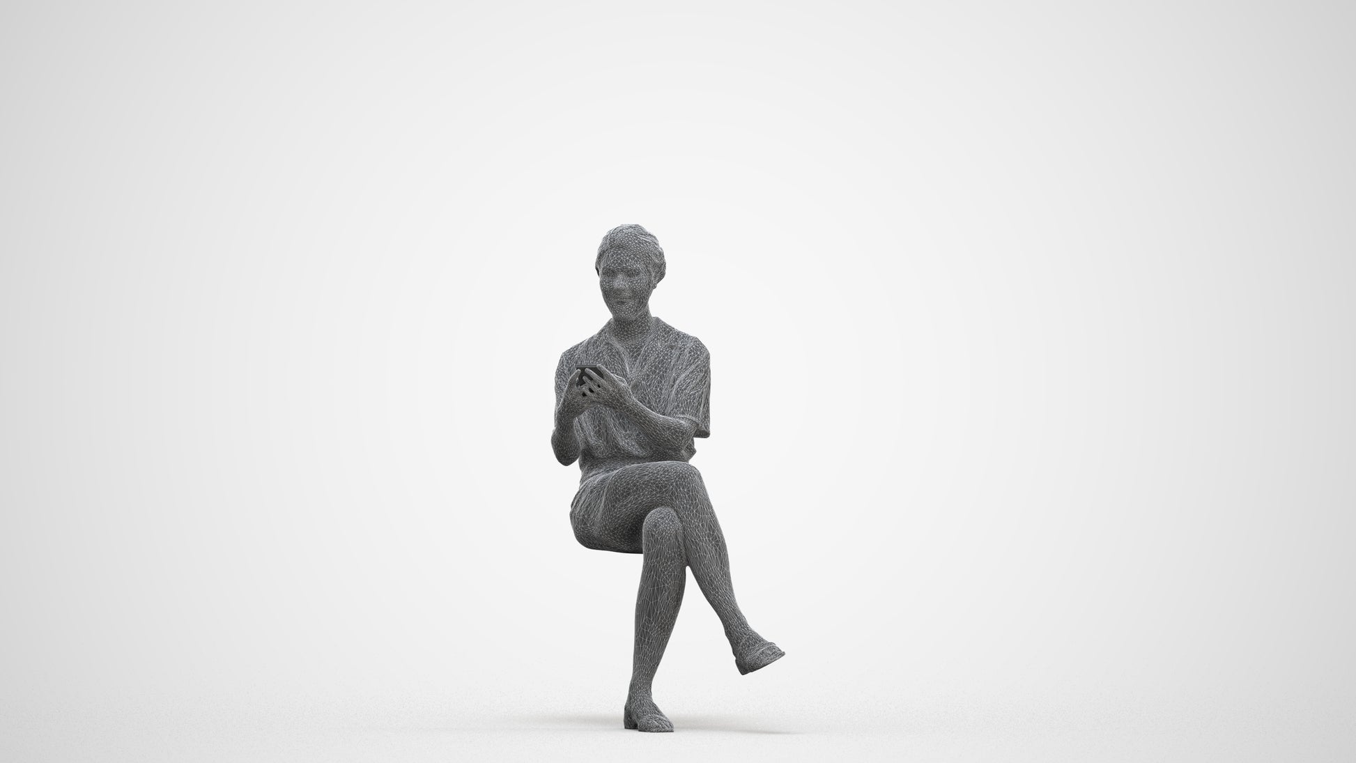 3D scanned woman sitting casual, photorealistic archviz people for Enscape and SketchUp, three-quarter front view render
