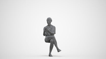 3D scanned woman sitting casual, photorealistic archviz people for Enscape and SketchUp, three-quarter front view render