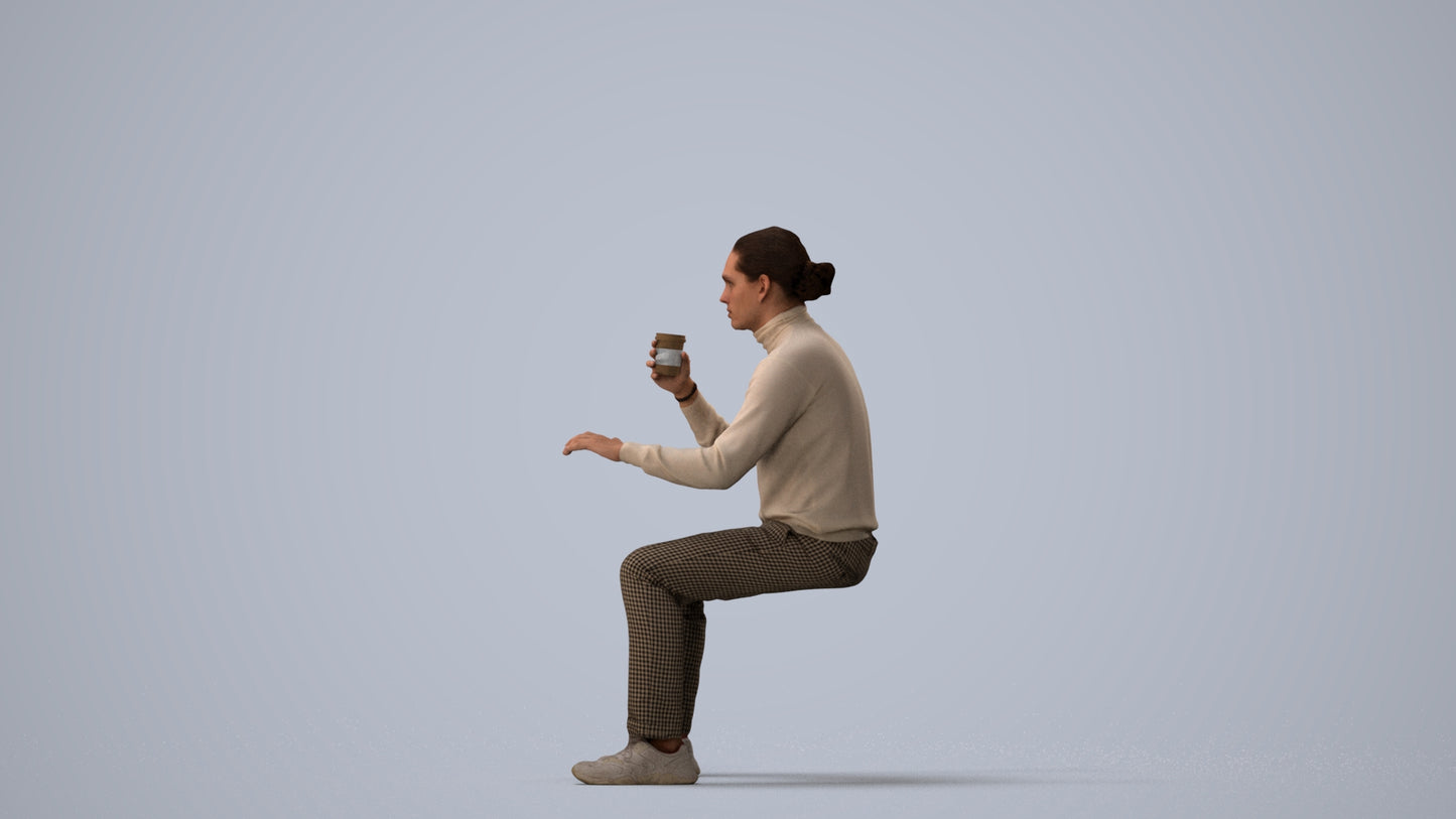 realistic 3D people man casual sitting, render-ready for V-Ray and Corona, FBX OBJ, three-quarter view render
