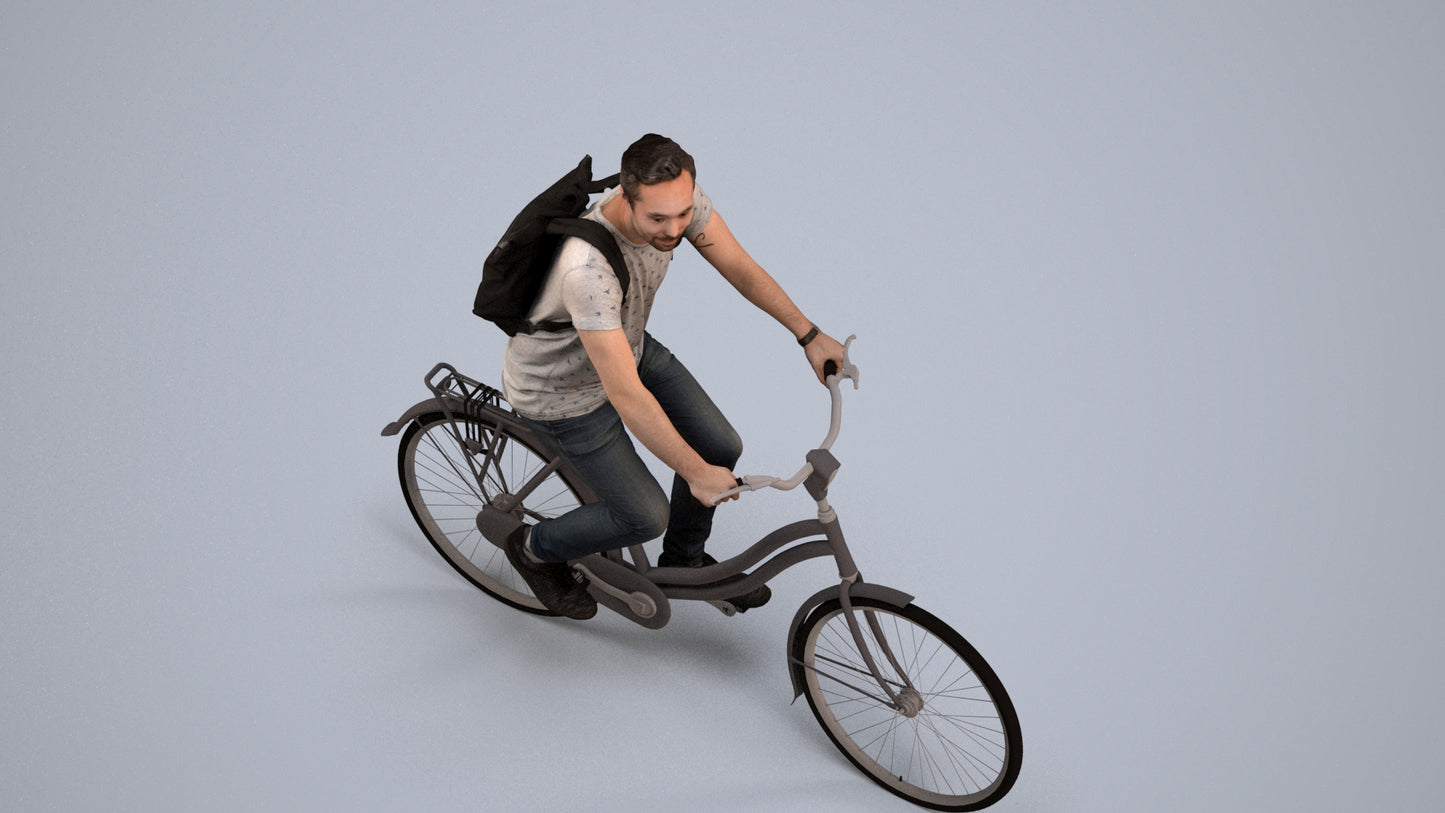 realistic 3D human man casual cycling, archviz people FBX OBJ for Blender, back view render