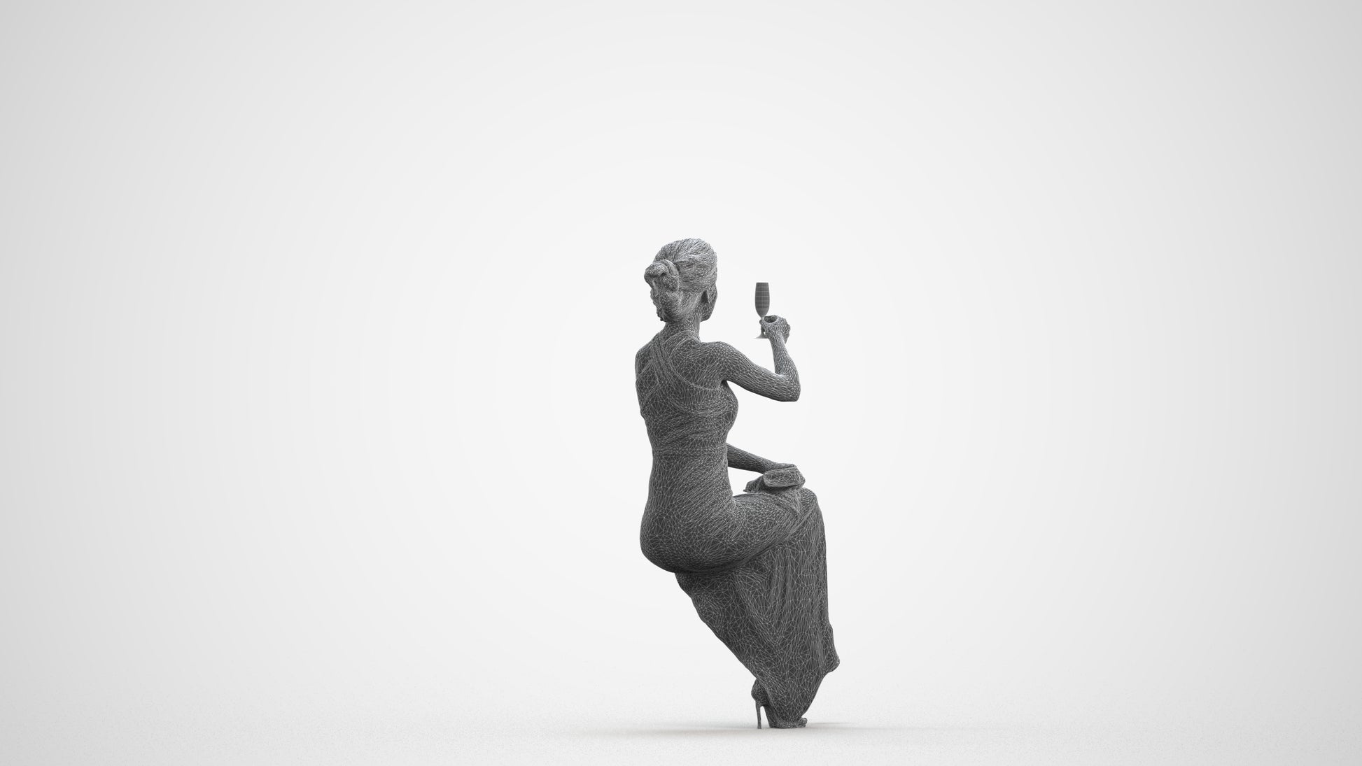3D people model woman formal sitting, scanned human for 3ds Max rendering, wireframe front view