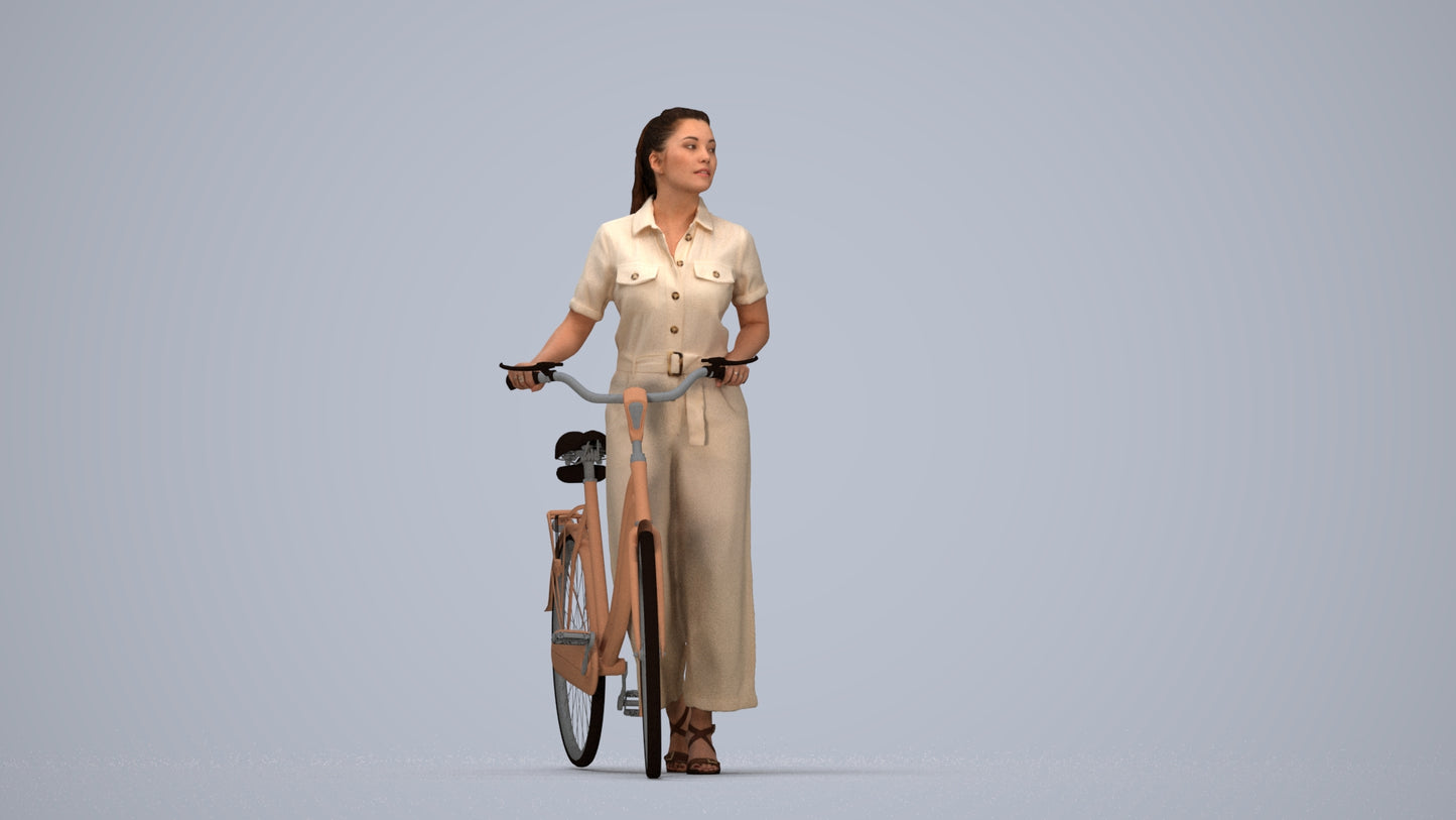 realistic 3D woman formal cycling, scanned archviz people for Blender and 3ds Max, top-down view render