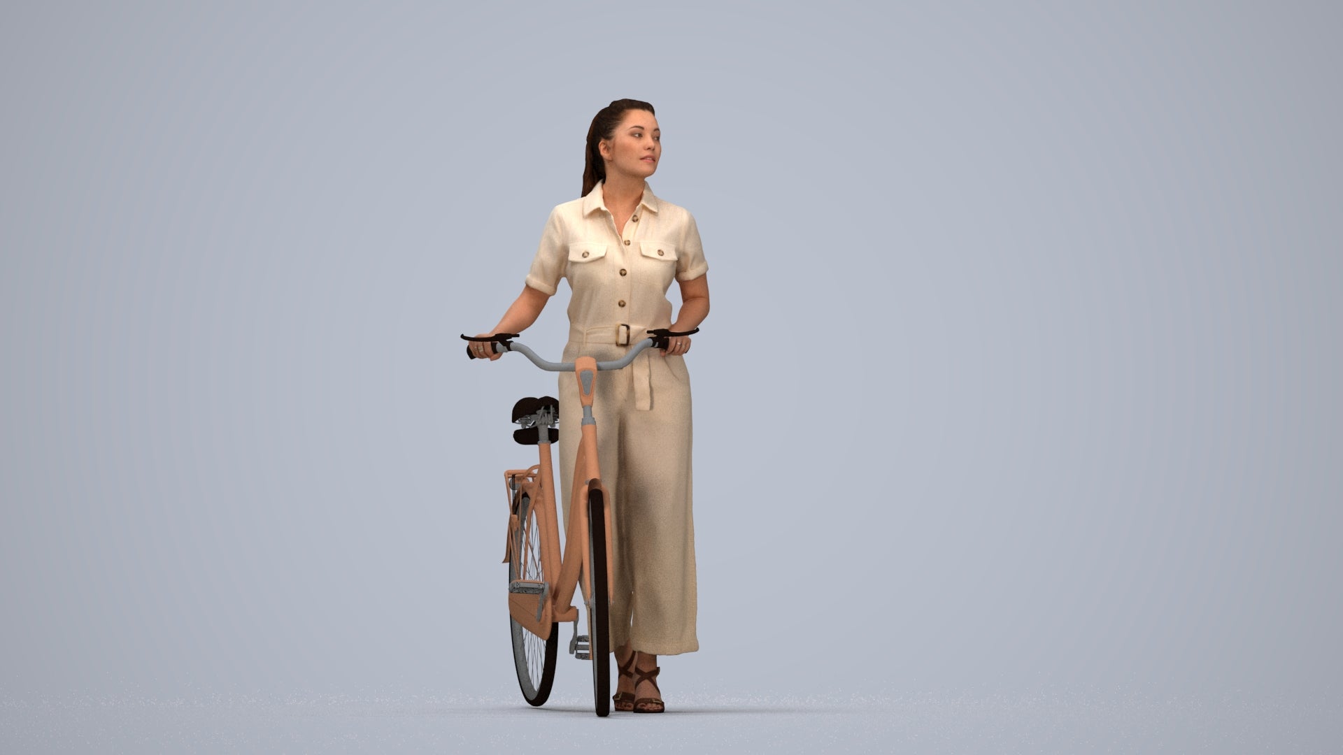 realistic 3D woman formal cycling, scanned archviz people for Blender and 3ds Max, top-down view render