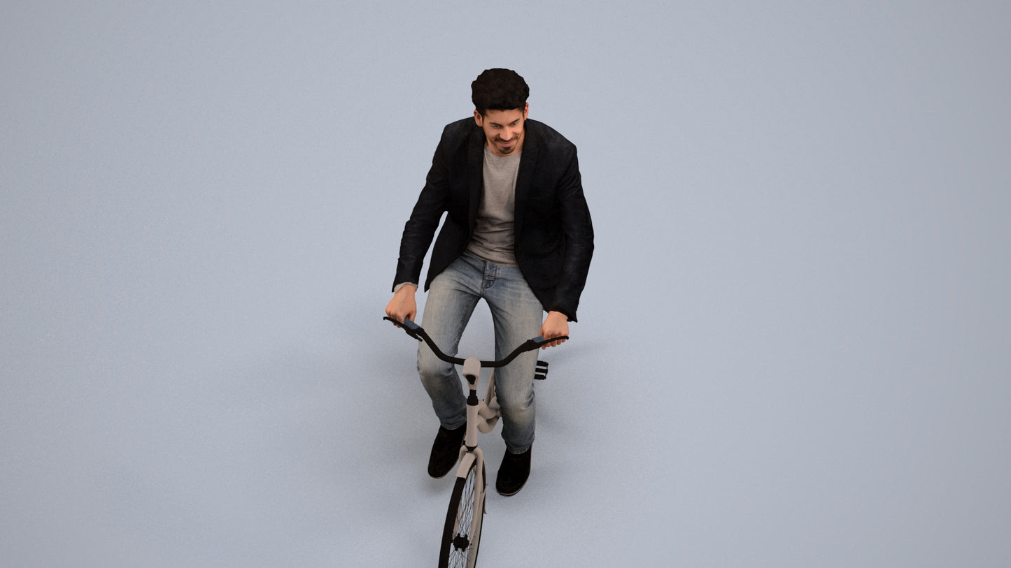 realistic 3D man casual cycling, scanned archviz people for Blender and 3ds Max, back view render