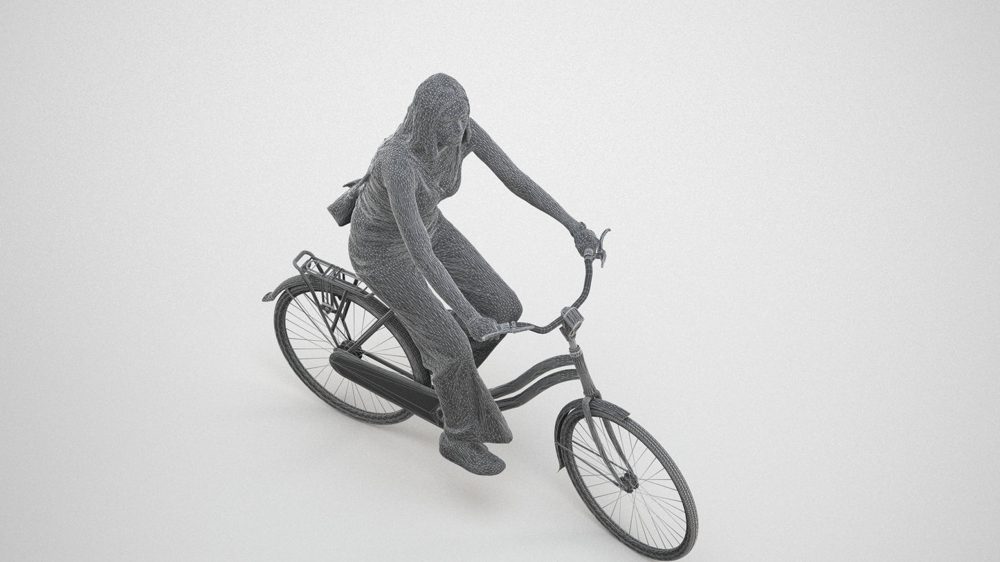 realistic 3D people woman casual cycling, render-ready for V-Ray and Corona, FBX OBJ, wireframe three-quarter view