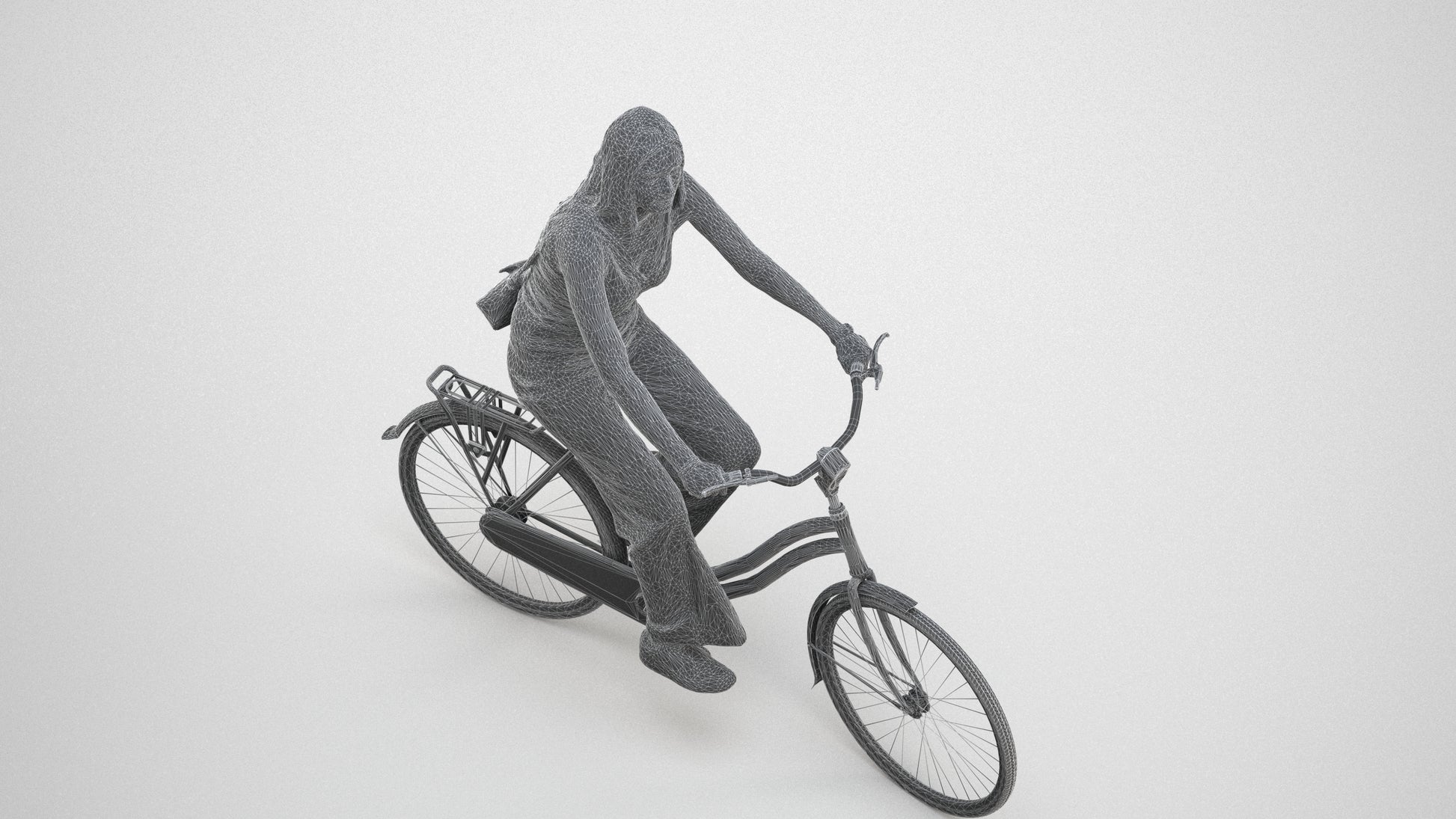 realistic 3D people woman casual cycling, render-ready for V-Ray and Corona, FBX OBJ, wireframe three-quarter view