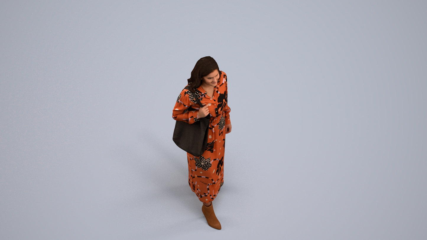 3D human model woman casual walking, photogrammetry scanned person for archviz, back view render