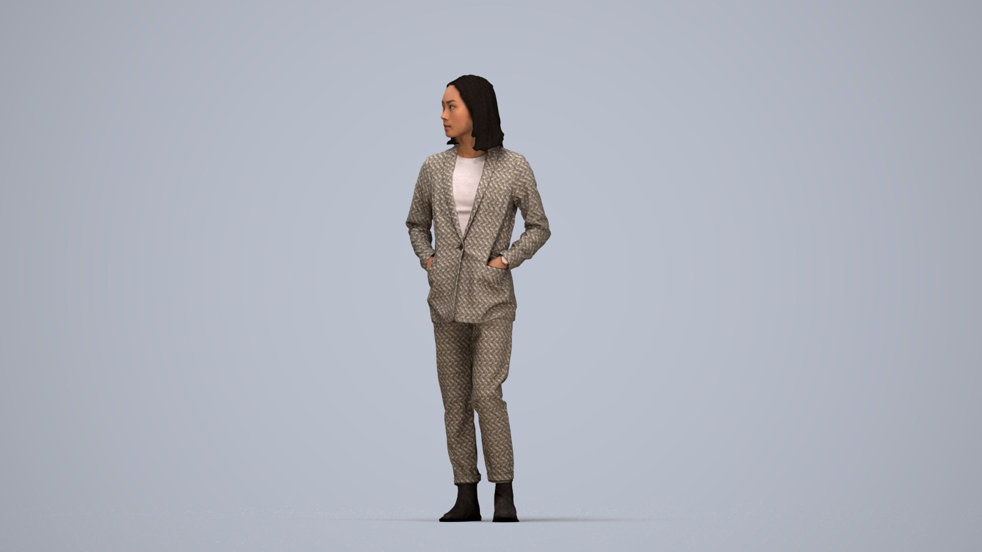 3D people model woman business, scanned human for 3ds Max rendering, top-down view render