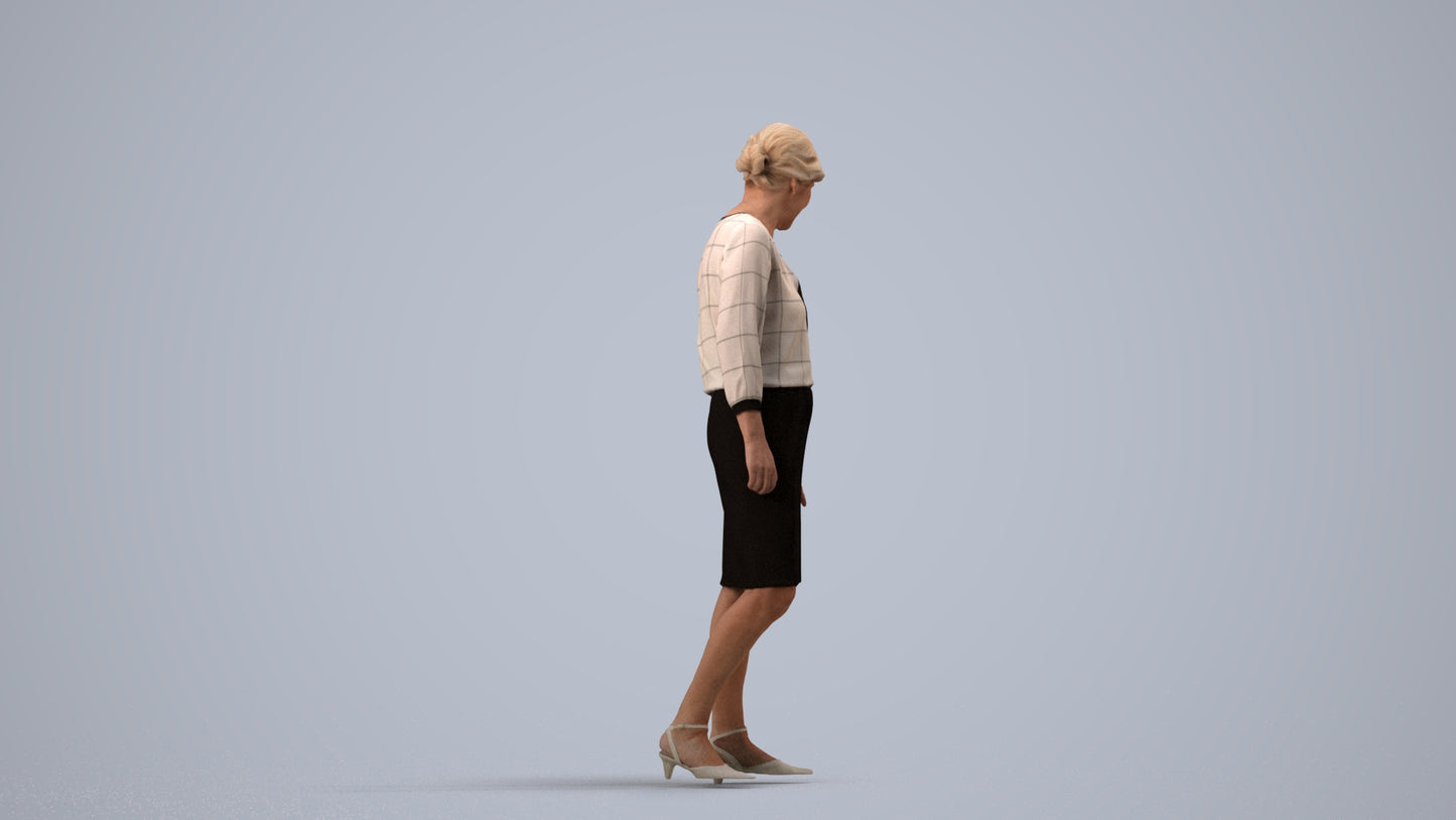 3D human model senior woman business standing, photogrammetry scanned person for archviz, side view render