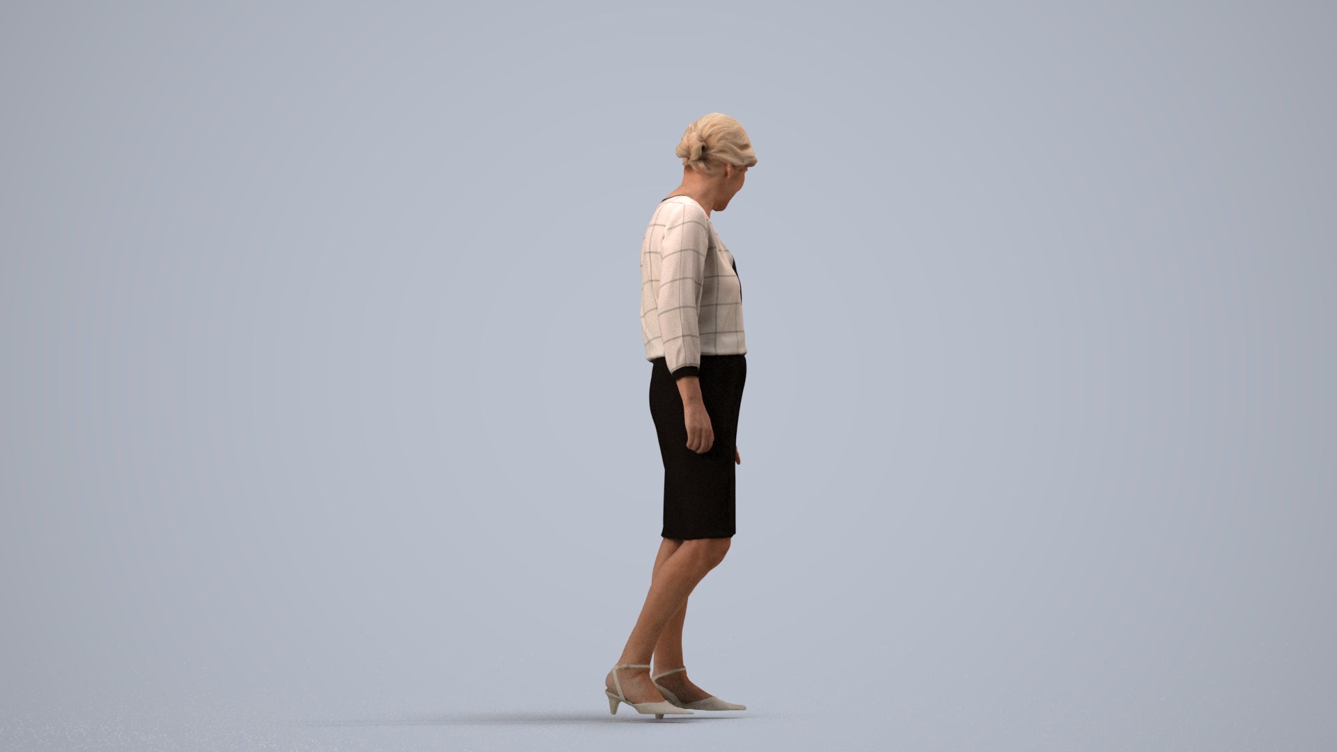 3D human model senior woman business standing, photogrammetry scanned person for archviz, side view render