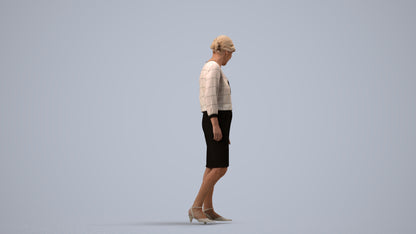 3D human model senior woman business standing, photogrammetry scanned person for archviz, side view render