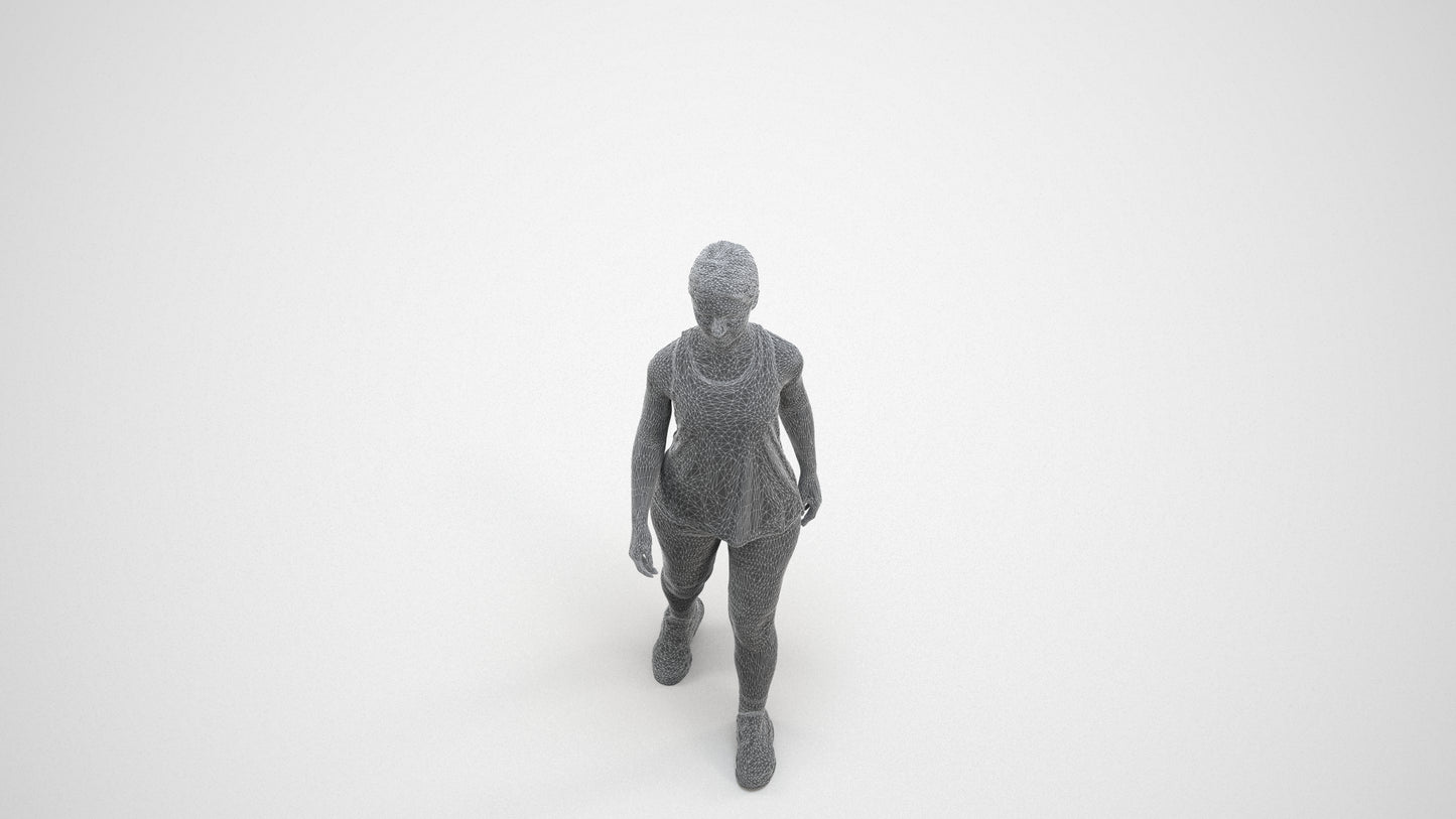 3D scanned girl walking sport, photorealistic archviz people for Enscape and SketchUp, wireframe three-quarter view