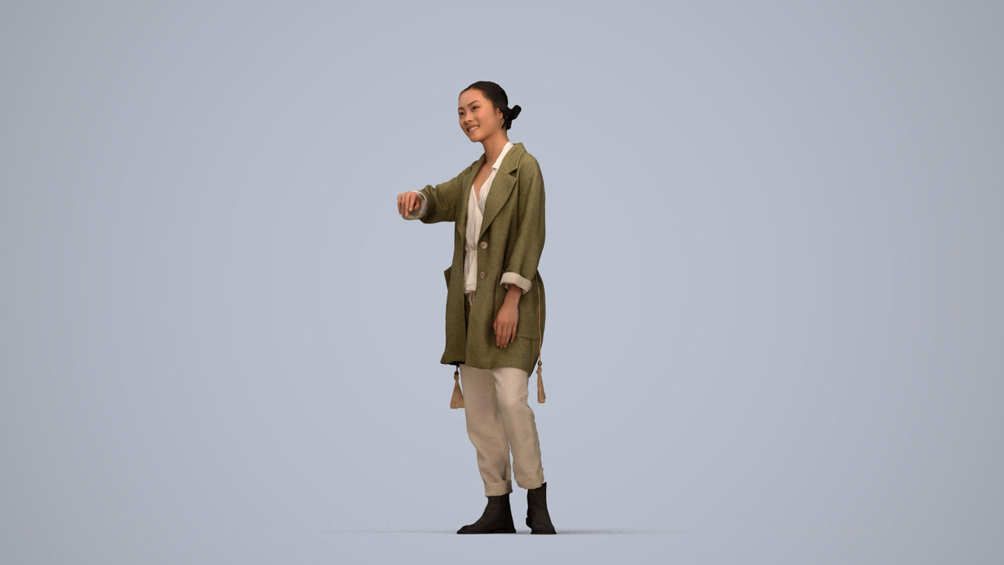 realistic 3D woman casual standing, scanned archviz people for Blender and 3ds Max, top-down view render