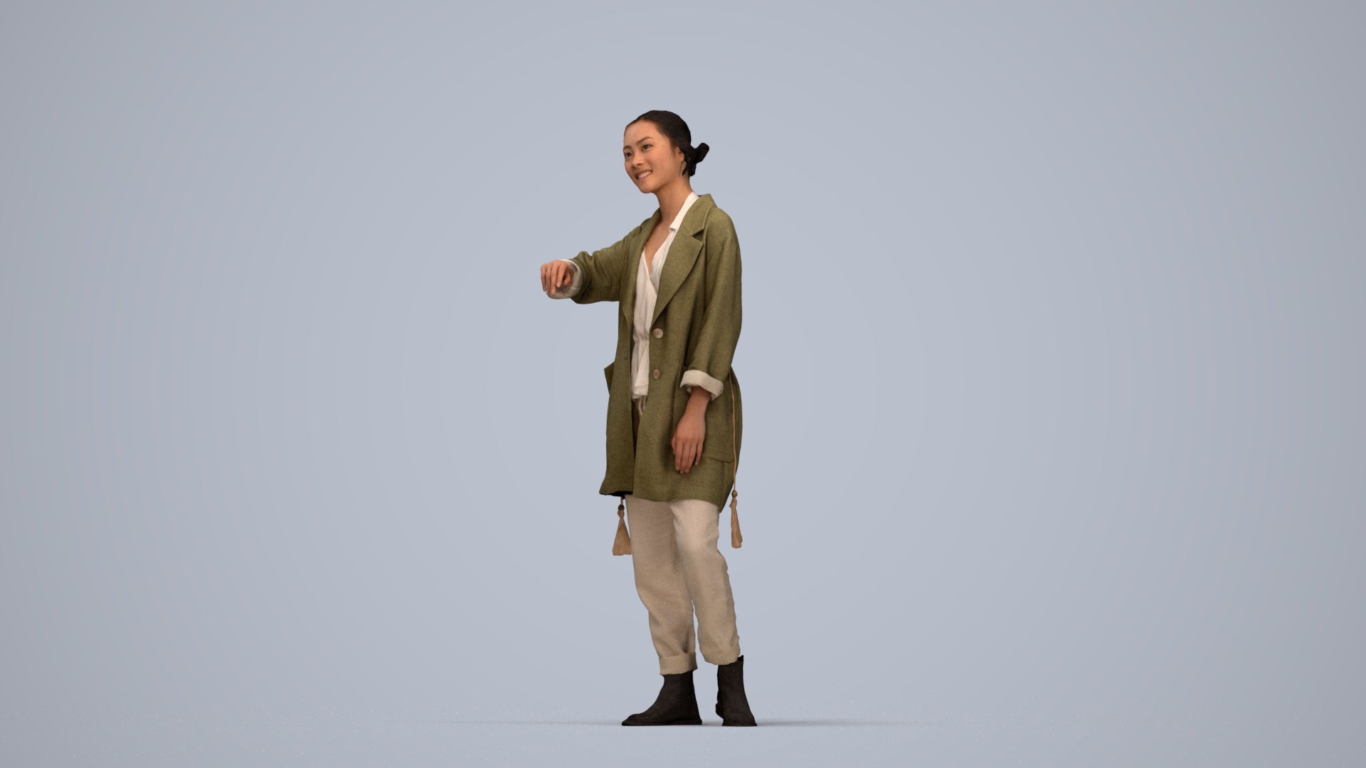 realistic 3D woman casual standing, scanned archviz people for Blender and 3ds Max, top-down view render