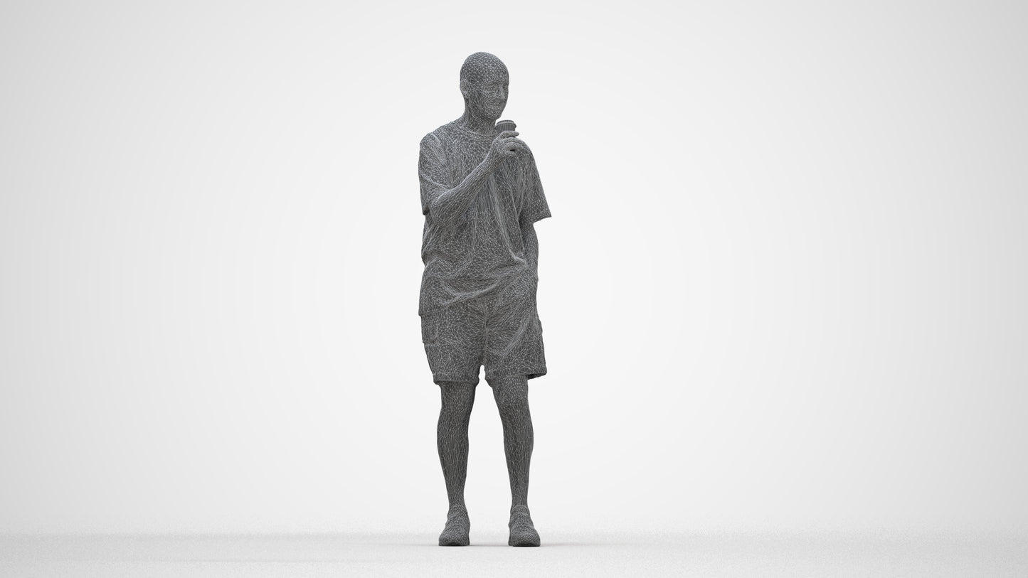 3D human model senior man casual standing, photogrammetry scanned person for archviz, wireframe back view