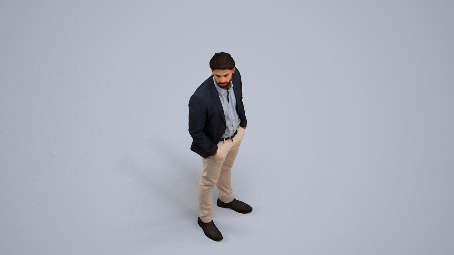 3D human model man business, photogrammetry scanned person for archviz, back view render