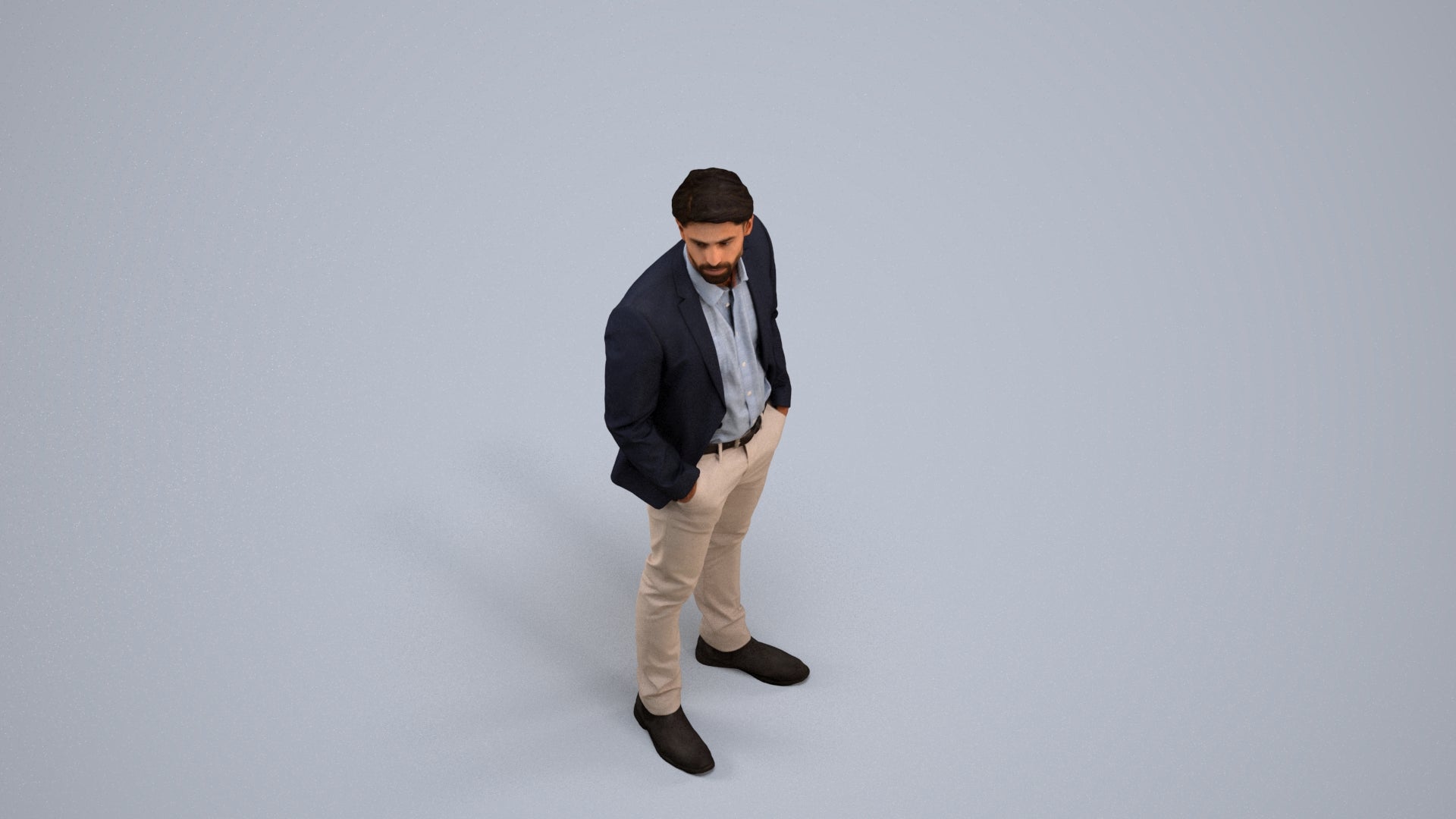 3D human model man business, photogrammetry scanned person for archviz, back view render