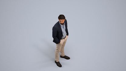3D human model man business, photogrammetry scanned person for archviz, back view render