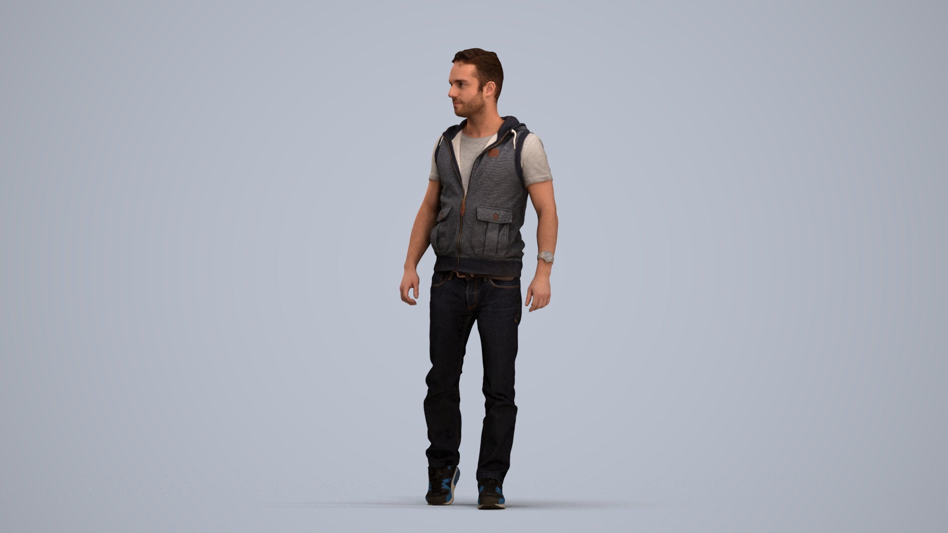 3D human model man casual walking, photogrammetry scanned person for archviz, standing pose render