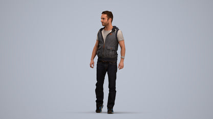 3D human model man casual walking, photogrammetry scanned person for archviz, standing pose render