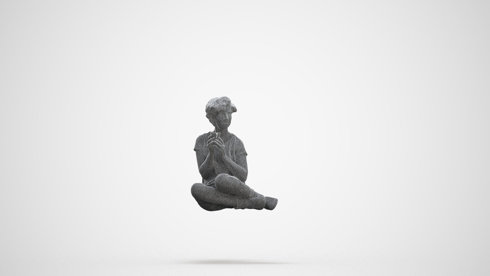 3D human model woman casual sitting, photogrammetry scanned person for archviz, three-quarter front view render