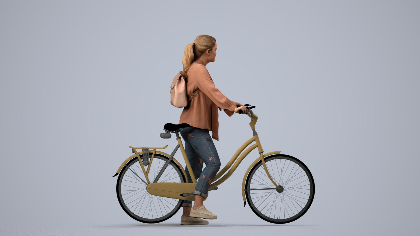 3D scanned woman cycling casual, photorealistic archviz people for Enscape and SketchUp, side view render